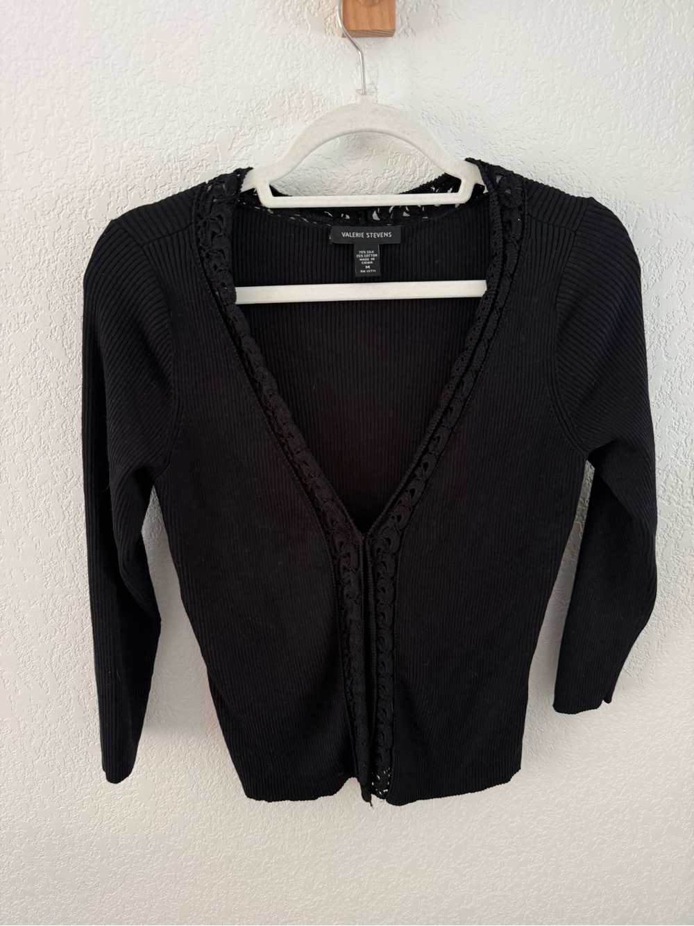 Valerie Stevens Black Ribbed V-Neck Cardigan with Lace Trim